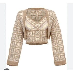 Venus Beige Crochet Croped Sweater Set Sz L Boho Cottagecore